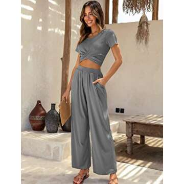 Ekouaer Womens Pajama Sets 2 Piece Lounge Set Short Sleeve Outfit Sets Ribbed Knot Crop Top Wide Leg Pants with Pockets Gray XX-Large