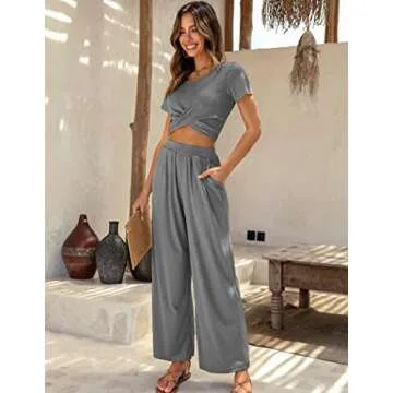 Ekouaer Womens Pajama Sets 2 Piece Lounge Set Short Sleeve Outfit Sets Ribbed Knot Crop Top Wide Leg Pants with Pockets Gray XX-Large