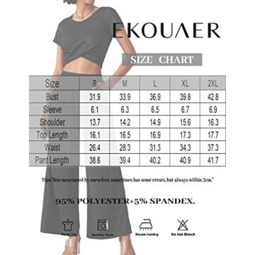 Ekouaer Womens Pajama Sets 2 Piece Lounge Set Short Sleeve Outfit Sets Ribbed Knot Crop Top Wide Leg Pants with Pockets Gray XX-Large