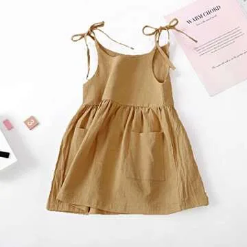 TIMOGG Toddler Baby Girl Cotton Linen Solid Dress Sling Bow Summer Skirt Casual Beach Girls Sundress with Pockets Overall Dress (Khaki, 2-3 Years)