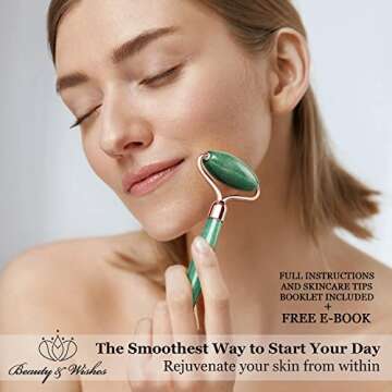 Jade Roller and Gua Sha Massager for Face with CounterTop Stand - Grade A - Authentic Brazilian Stone set Helps Reducing Puffiness, Wrinkles, Fine Lines, Skin Circulation, Drainage and Elasticity