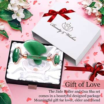 Jade Roller and Gua Sha Massager for Face with CounterTop Stand - Grade A - Authentic Brazilian Stone set Helps Reducing Puffiness, Wrinkles, Fine Lines, Skin Circulation, Drainage and Elasticity