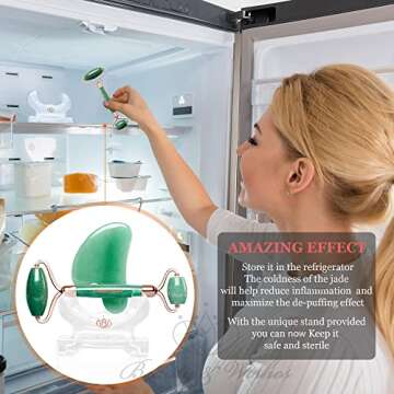 Jade Roller and Gua Sha Massager for Face with CounterTop Stand - Grade A - Authentic Brazilian Stone set Helps Reducing Puffiness, Wrinkles, Fine Lines, Skin Circulation, Drainage and Elasticity