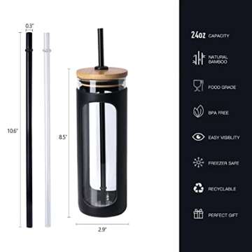 Kodrine 24 oz Glass Water Bottle with Bamboo Lid and Straw, Wide Mouth Water Tumbler,Straw Silicone Protective Sleeve BPA FREE-Black