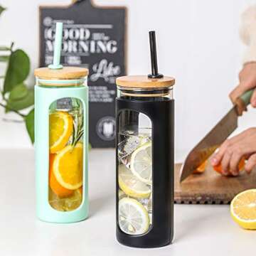 Kodrine 24 oz Glass Water Bottle with Bamboo Lid and Straw, Wide Mouth Water Tumbler,Straw Silicone Protective Sleeve BPA FREE-Black