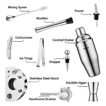 Velaze Cocktail Shaker Set,10 Pieces Stainless Steel Bar Tools - Bottle Opener, Pour Spouts,Measuring Jigger and Wine Stopper, Champagne Martini Shaker Sets