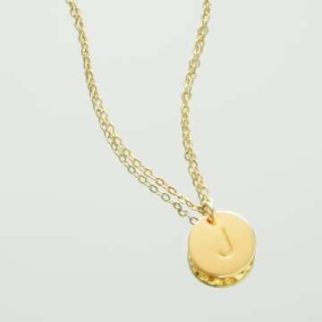 Bemoly Initial Necklace for Women Round 11MM Coin Disc Double Side Engraved Letter J Hammered Pendant 14K Gold Plated Personalized Alphabet Birthday Jewelry 17.5"