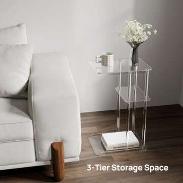 HMYHUM Clear Acrylic Side Table, C Shaped End Table for Sofa, Small Snack Tables for Living Room, Bedroom, Bathroom, 3 Tiers
