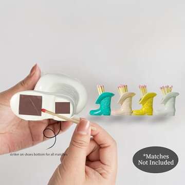 Pexguka Decorative Cowboy Boot Match Holder With Striker - Ceramic cowgirl boots coastal Western home decor aesthetic, Matchesboxes For pink Bathroom Bedroom Glossy White