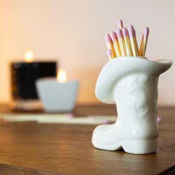 Pexguka Decorative Cowboy Boot Match Holder With Striker - Ceramic cowgirl boots coastal Western home decor aesthetic, Matchesboxes For pink Bathroom Bedroom Glossy White