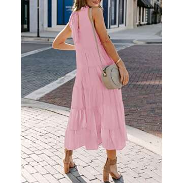 HAEOF Womens 2025 Summer Casual Sleeveless Halter Maxi Dress Pleated Tiered Swing Beach Vacation Long Dresses Sundress(Pink, L)