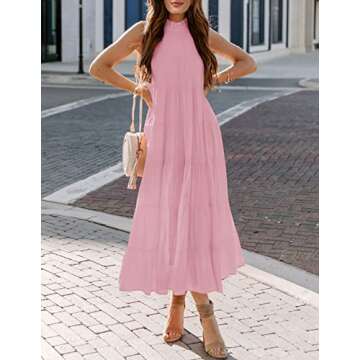 HAEOF Womens 2025 Summer Casual Sleeveless Halter Maxi Dress Pleated Tiered Swing Beach Vacation Long Dresses Sundress(Pink, L)