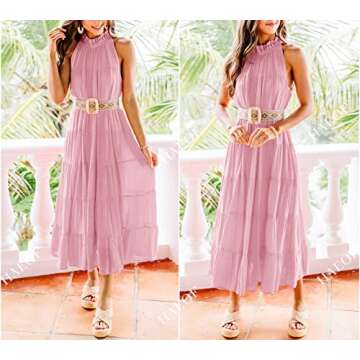 HAEOF Womens 2025 Summer Casual Sleeveless Halter Maxi Dress Pleated Tiered Swing Beach Vacation Long Dresses Sundress(Pink, L)