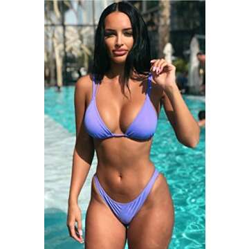 Women Purple String Bikini High Cut Thong Bottom Padded Triangle Tops 2PCS Swimsuits S