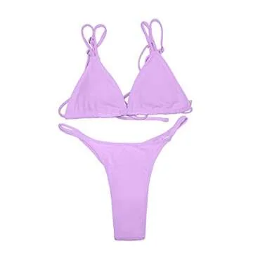 Women Purple String Bikini High Cut Thong Bottom Padded Triangle Tops 2PCS Swimsuits S