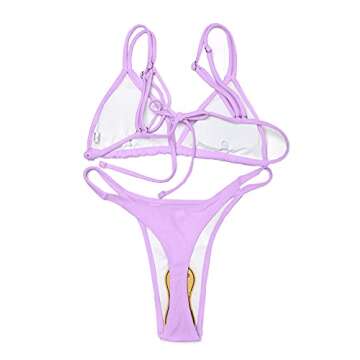 Women Purple String Bikini High Cut Thong Bottom Padded Triangle Tops 2PCS Swimsuits S