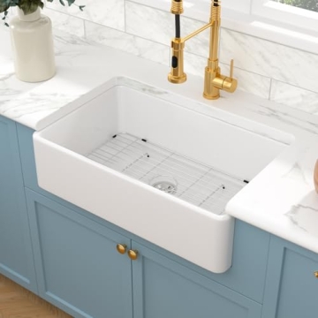 Sarlai 33 White Farmhouse Sink - 33x20 Inch Kitchen Sink Apron Front Ceramic Porcelain Vitreous Fireclay Single Bowl Farmer Sink Basin