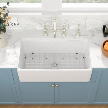 Sarlai 33 White Farmhouse Sink - 33x20 Inch Kitchen Sink Apron Front Ceramic Porcelain Vitreous Fireclay Single Bowl Farmer Sink Basin