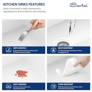 Sarlai 33 White Farmhouse Sink - 33x20 Inch Kitchen Sink Apron Front Ceramic Porcelain Vitreous Fireclay Single Bowl Farmer Sink Basin