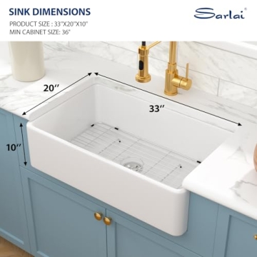 Sarlai 33 White Farmhouse Sink - 33x20 Inch Kitchen Sink Apron Front Ceramic Porcelain Vitreous Fireclay Single Bowl Farmer Sink Basin