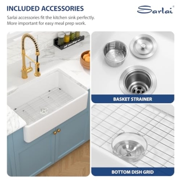 Sarlai 33 White Farmhouse Sink - 33x20 Inch Kitchen Sink Apron Front Ceramic Porcelain Vitreous Fireclay Single Bowl Farmer Sink Basin
