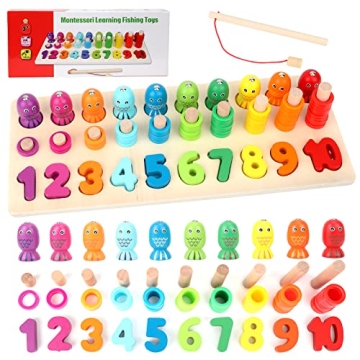Sendida Montessori Toys Number Puzzle - Wood Math Shape Puzzle Fishing Game Color Sorting Preschool ...