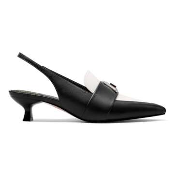 Vaslemuse Kitten Heels for Women Slingback Low Heel Loafer Pumps Pointed Toe Casual Business Formal Shoes Black/White, 6.5