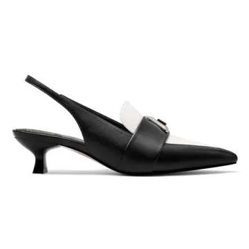 Vaslemuse Kitten Heels for Women Slingback Low Heel Loafer Pumps Pointed Toe Casual Business Formal Shoes Black/White, 6.5