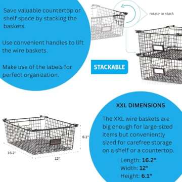 Granrosi XXL Stackable Wire Baskets for Organizing — Set of 2 Snack & Chips Organizer for Pantry; Wire Storage Baskets with Handles; Extra Large Bronze Chip Storage for Pantry