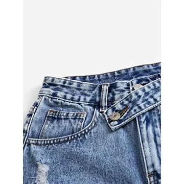 SweatyRocks Women's Casual High Waist Raw Hem Ripped Denim Jean Shorts with Pocket Classic Dark Blue M