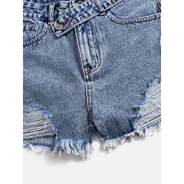 SweatyRocks Women's Casual High Waist Raw Hem Ripped Denim Jean Shorts with Pocket Classic Dark Blue M