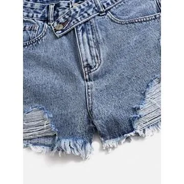 SweatyRocks Women's Casual High Waist Raw Hem Ripped Denim Jean Shorts with Pocket Classic Dark Blue M