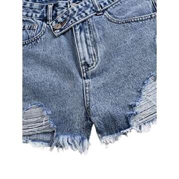 SweatyRocks Women's Casual High Waist Raw Hem Ripped Denim Jean Shorts with Pocket Classic Dark Blue M