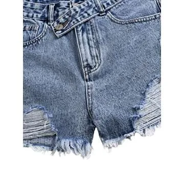 SweatyRocks Women's Casual High Waist Raw Hem Ripped Denim Jean Shorts with Pocket Classic Dark Blue M