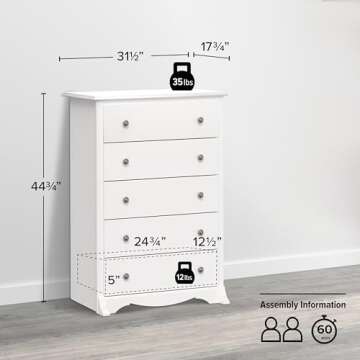 Prepac Sonoma Superior 5-Drawer Chest for Bedroom - Spacious and Stylish Chest of Drawers, Measuring 17.75"D x 31.5"W x 44.75"H, In White Finish