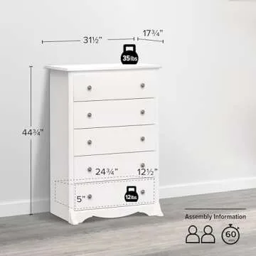 Prepac Sonoma Superior 5-Drawer Chest for Bedroom - Spacious and Stylish Chest of Drawers, Measuring 17.75"D x 31.5"W x 44.75"H, In White Finish
