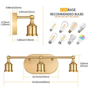 MAXvolador Bathroom Vanity Light, 3-Light Gold Vanity Lighting Fixture, Modern Wall Sconce Lights, Farmhouse Wall Mount Over Mirror Vanity Lamps