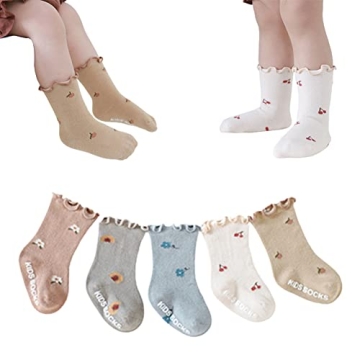 WATOCHE Baby Girls Socks Toddlers Ruffle Frilly Socks for Toddler Girls Baby Nonslip Cotton with Gri...