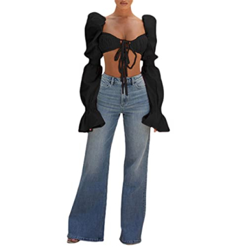 Remidoo Women's Sexy Self Tie Front Ruched Puff Long Sleeve Crop Top Blouse S-Black Small