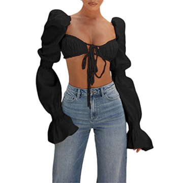 Remidoo Women's Sexy Self Tie Front Ruched Puff Long Sleeve Crop Top Blouse S-Black Small