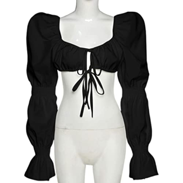 Remidoo Women's Sexy Self Tie Front Ruched Puff Long Sleeve Crop Top Blouse S-Black Small
