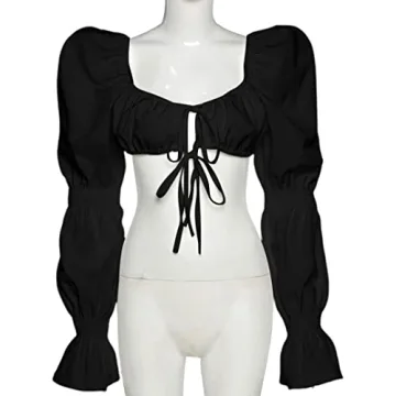 Remidoo Women's Sexy Self Tie Front Ruched Puff Long Sleeve Crop Top Blouse S-Black Small