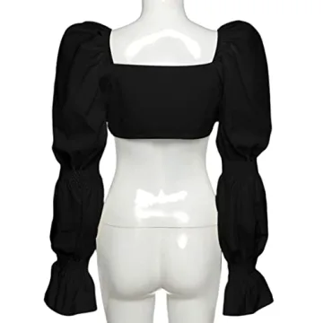 Remidoo Women's Sexy Self Tie Front Ruched Puff Long Sleeve Crop Top Blouse S-Black Small