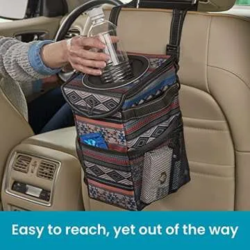 High Road StashAway Heavy Duty Car Trash Can with Rubber Lid, 3 Storage Pockets and Sturdy Panels for Stable Floor or Hanging Seatback Use (Southwest)