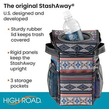 High Road StashAway Heavy Duty Car Trash Can with Rubber Lid, 3 Storage Pockets and Sturdy Panels for Stable Floor or Hanging Seatback Use (Southwest)