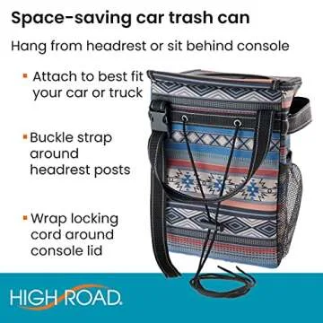 High Road StashAway Heavy Duty Car Trash Can with Rubber Lid, 3 Storage Pockets and Sturdy Panels for Stable Floor or Hanging Seatback Use (Southwest)