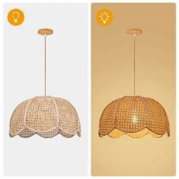Arturesthome Small Rattan Pendant Lights, Hanging Ceiling Light Fixture, Hand Woven Bamboo Lamp Boho Farmhouse Chandelier for Kitchen Island Crafts Lampshade D 11.8″*7.8″