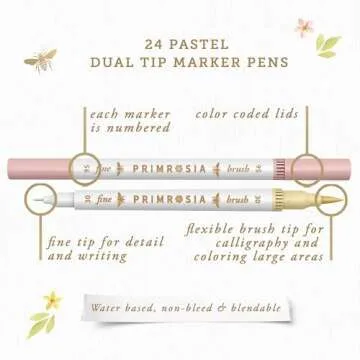 Primrosia 24 Pastel Dual Tip Markers, Fine Tip and Brush Pens. Perfect for art, illustration, drawing, calligraphy and bullet journals
