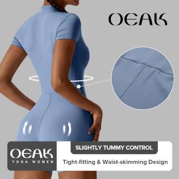 OEAK Women Short Sleeve Jumpsuit Zip Up Bodysuits 2024 Yoga Workout Unitards Bodycon One Piece Tummy Control Rompers Blue L
