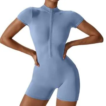 OEAK Women Short Sleeve Jumpsuit Zip Up Bodysuits 2024 Yoga Workout Unitards Bodycon One Piece Tummy Control Rompers Blue L